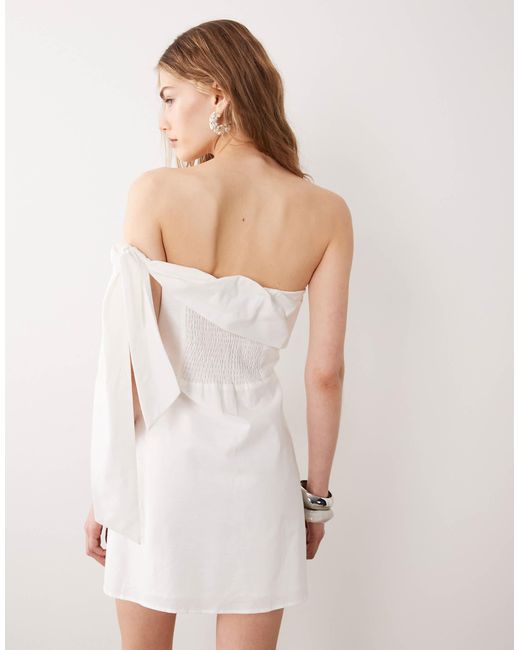 SNDY'S White Linen Blend Strapless Foldover Tie Shoulder Mini Dress