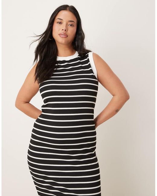 Vestido Midi A Rayas Monocromáticas Estilo Años 90 Con Diseño Reforzado De Canalé De Asos Design Curve ASOS de color Black