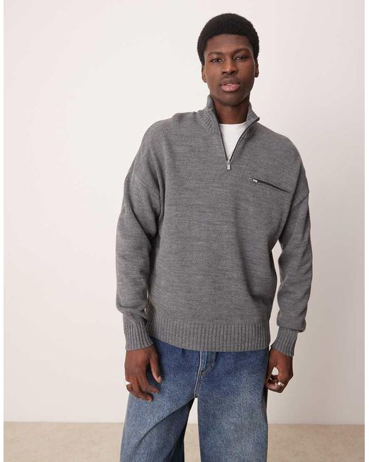 ASOS Gray Oversized Knitted Quarter Zip Jumper With Zip Pocket for men