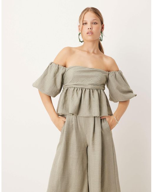 ASOS Natural Bardot Extreme Puff Sleeve Peplum Jumpsuit