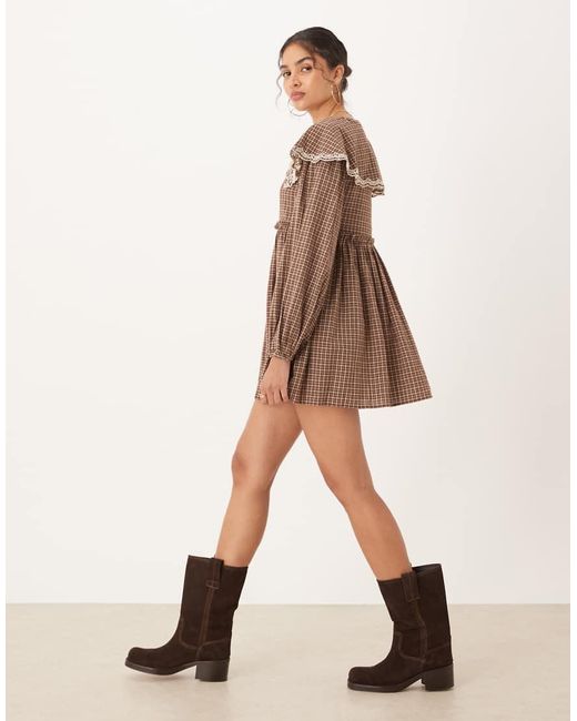 ASOS Brown Smock Mini Dress With Oversized Collar And Lace Trims
