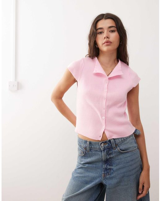 Collusion Pink Knitted Rib Button Through Top