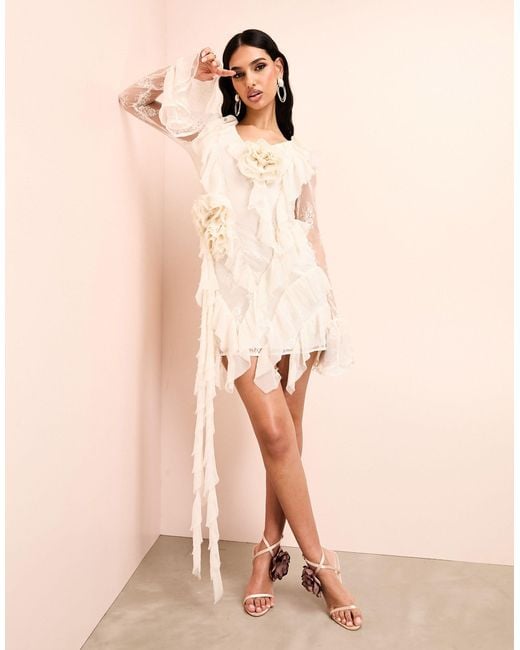 ASOS Natural Lace Draped Mini Dress With Corsage Details
