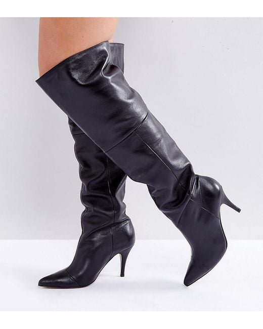 ASOS Black Klara Wide Fit Leather Slouch Over The Knee Boots
