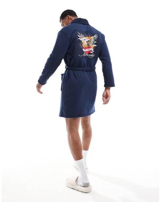 Ed Hardy Blue Gulley Robe With Tattoo Graphic for men