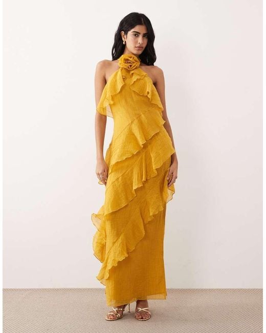 Pretty Lavish Metallic Corsage Halter Neck Asymmetric Tiered Ruffle Maxi Dress