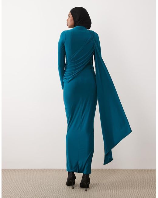 ASOS Blue Long Sleeve Slinky Draped Maxi Dress