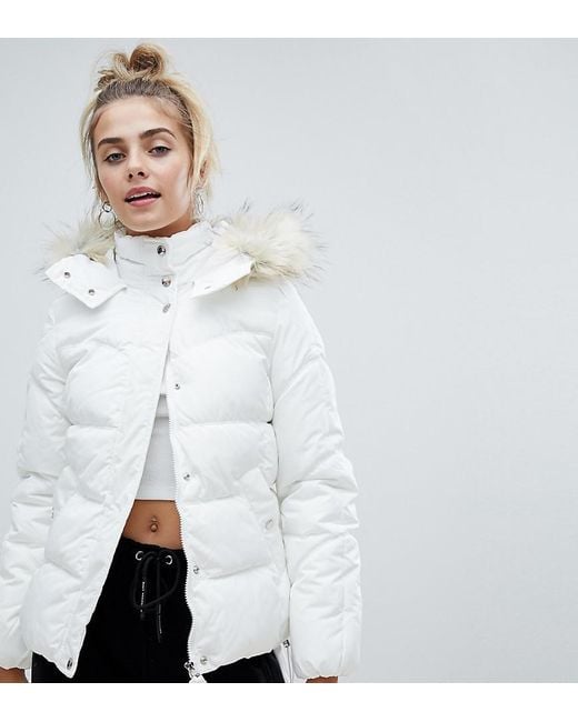 Bershka Padded Jacket With Faux Fur Hood In White | Lyst Australia