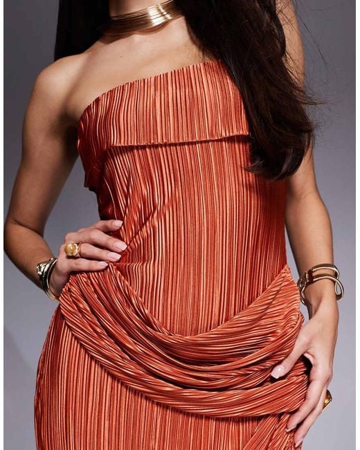 ASOS Red Premium Plisse Bandeau Maxi Dress With Draped Panels