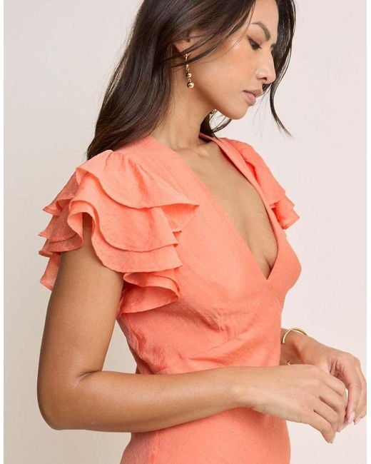Nobody's Child Pink Coral Frill Sleeve Layla Midi Dress