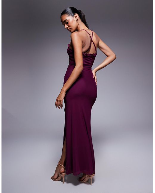 Princess Polly Soulina Mesh Ruffle Edge Plunge Side Slit Maxi Dress in  Purple | Lyst