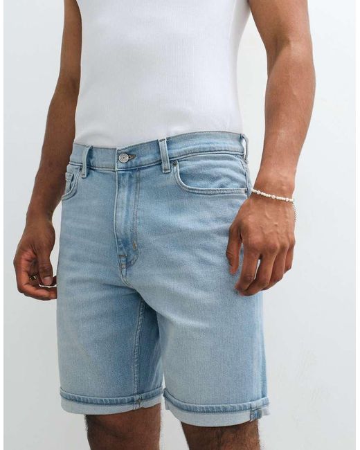 Mango Blue Slim Fit Roll Hem Denim Shorts for men