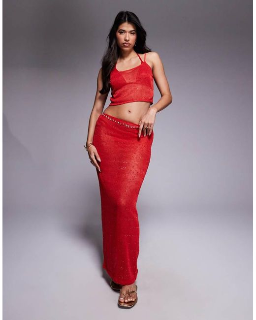 South Beach Red Knitted Sequin Maxi Skirt