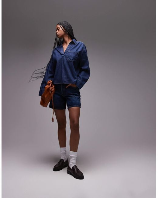 Mango Blue Open Neck Denim Overshirt