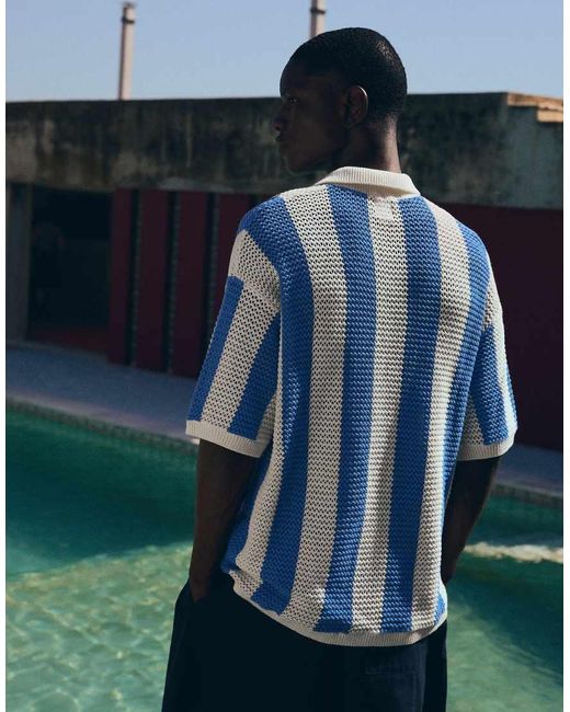 Bershka Blue Short Sleeve Mesh Stripe Polo for men