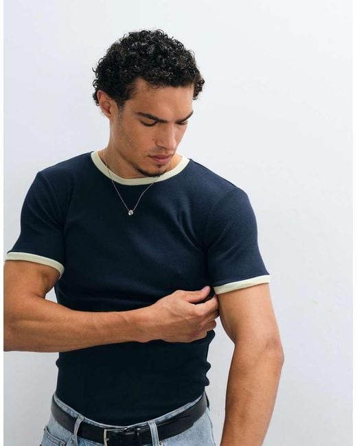 ASOS Blue Muscle Fit T-shirt With Ringer Detailing for men