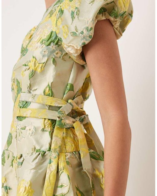 Sister Jane Yellow Dream Sunspel Jacquard Puff Sleeve Tie Bow Side Mini Dress