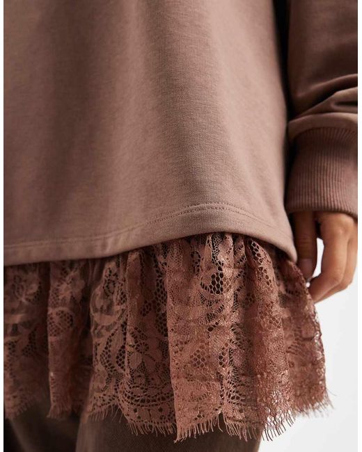 Miss Selfridge Brown Oversized Sweatshirt With Lace Hem