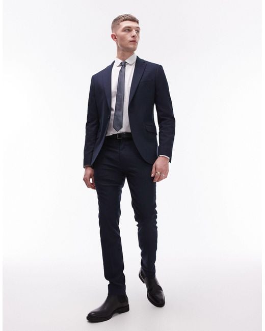 Topman Blue Stretch Super Skinny Textured Suit Trousers for men