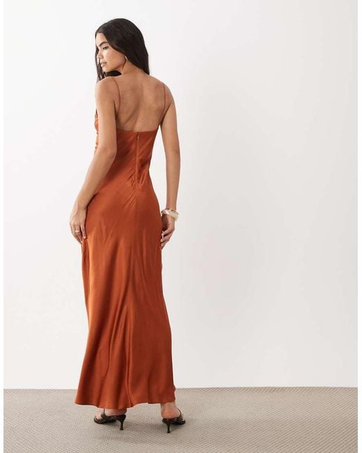 Mango Orange Satin Deep V Strappy Maxi Dress