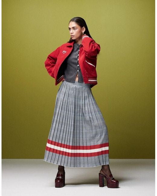 Gant White Pleated Check Midi Skirt With Stripe Detail