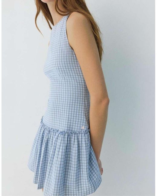 Pull&Bear Blue Short Checked Dress With Voluminous Hem