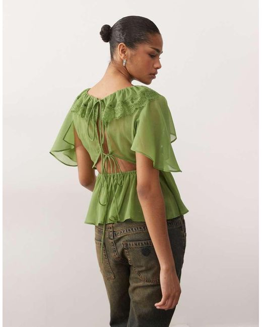 Reclaimed Vintage Green Chiffon Tea Top With Floaty Sleeves And Lace Collar