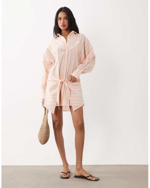 Noughts & Kisses Blue Pinstripe Wrap Waist Shirt Mini Dress
