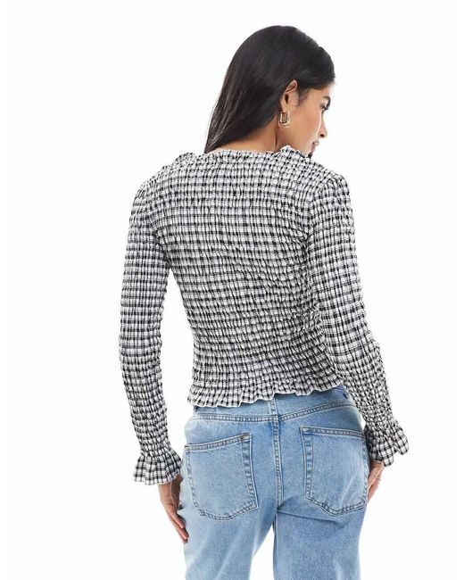 Daisy Street Blue Plaid Long Sleeve Shirred Top