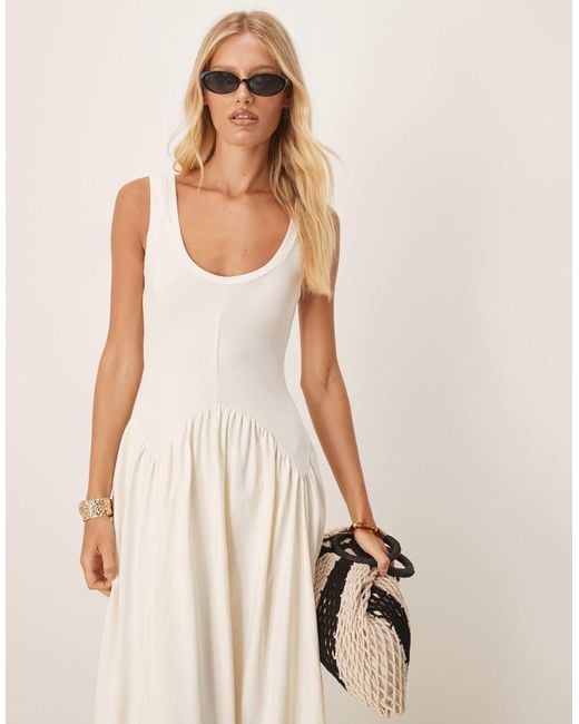ASOS Natural Ribbed Bodice Scoop With Dipped Waist Detail Midi Dress