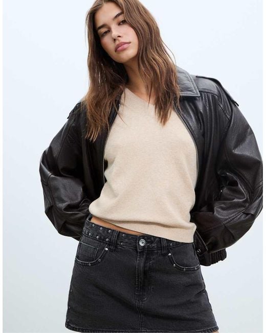 Stradivarius Black D62 Studded Denim Skort