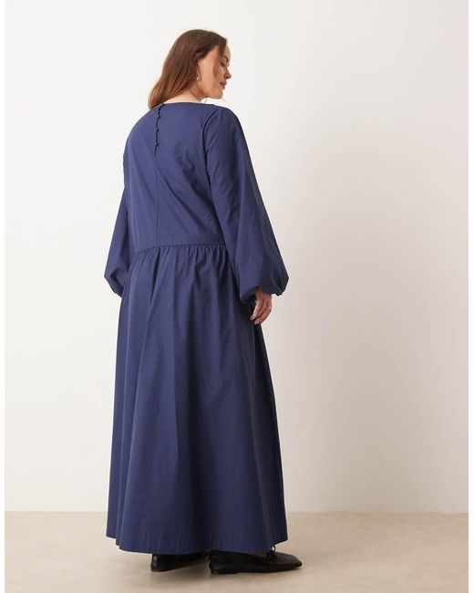 ASOS Blue Asos Design Curve Poplin Maxi Dress With Asymmetric Waist And Volume Sleeves