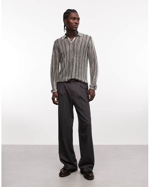 ASOS Gray Knitted Long Sleeve Mesh Notch Neck Polo for men