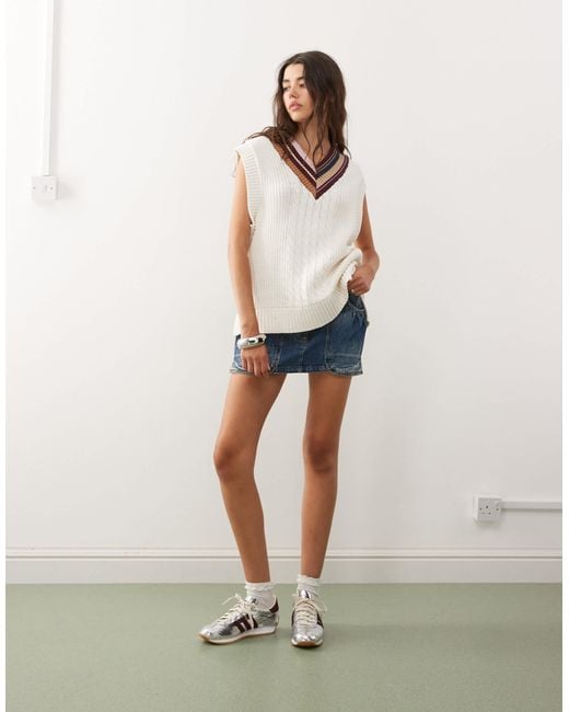 Monki Natural V-neck Knitted Singlet With Contrast Varsity Stripe Neckline