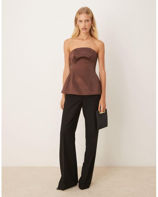 ASOS Brown Premium Structured Satin Peplum Hem Bandeau Top