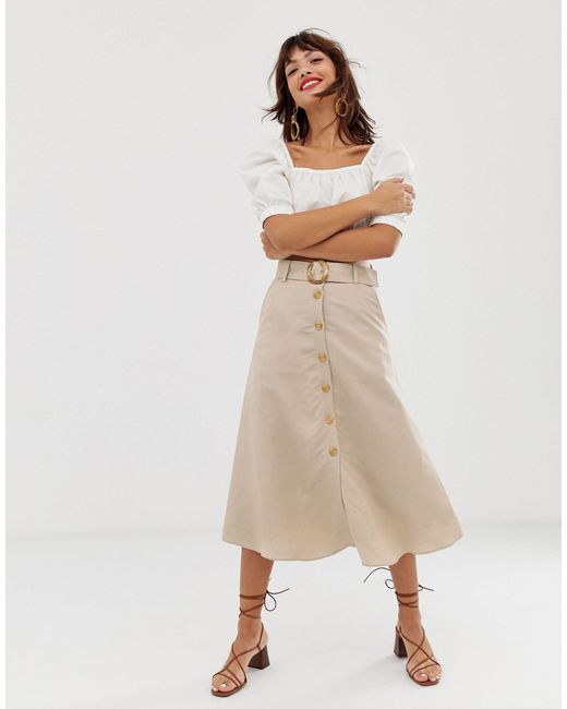 & Other Stories Natural Linen Button Front Midi Skirt
