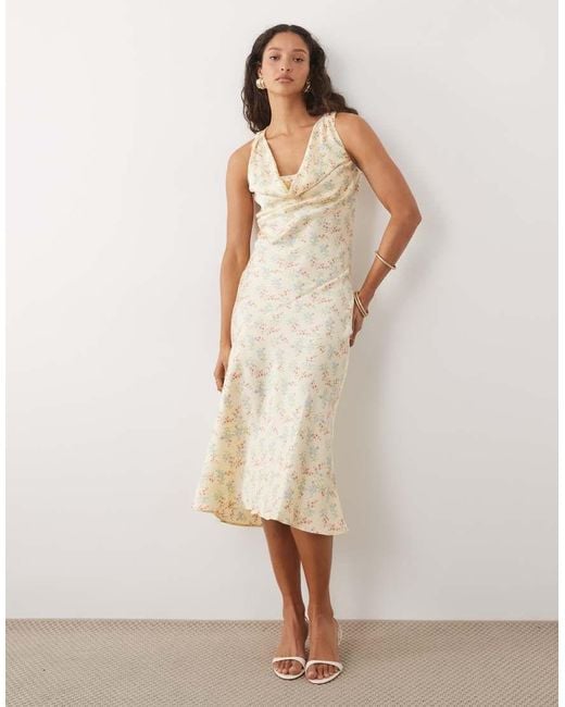New Look Natural Ditsy Cowl Neck Satin Midi Dress