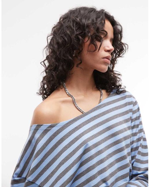 Collusion Blue Long Sleeve Off The Shoulder Stipe Top