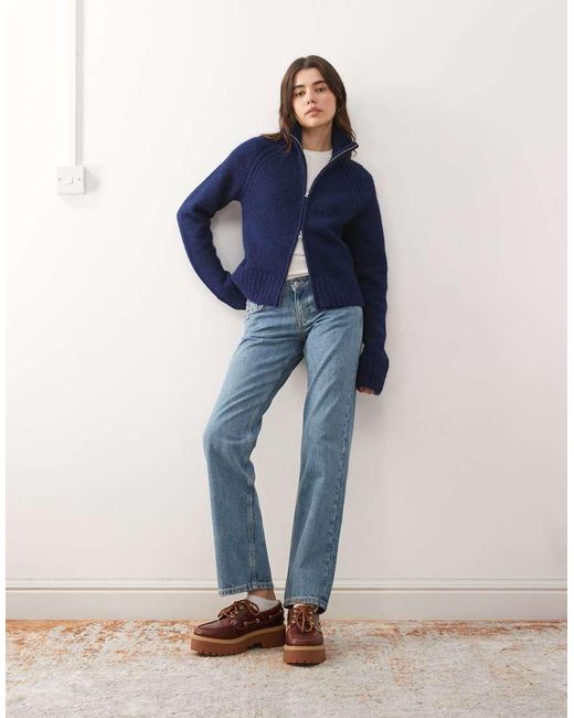 Weekday Blue Wool Blend Hairy Knit Zip Through Cardigan