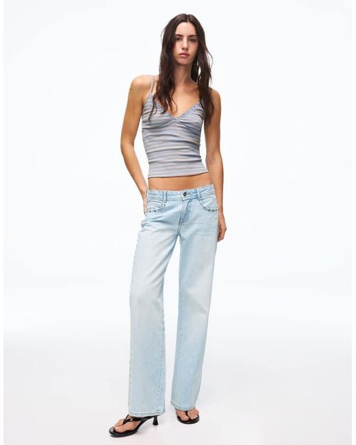 Bershka Blue Petite Low-rise Studded baggy Jeans