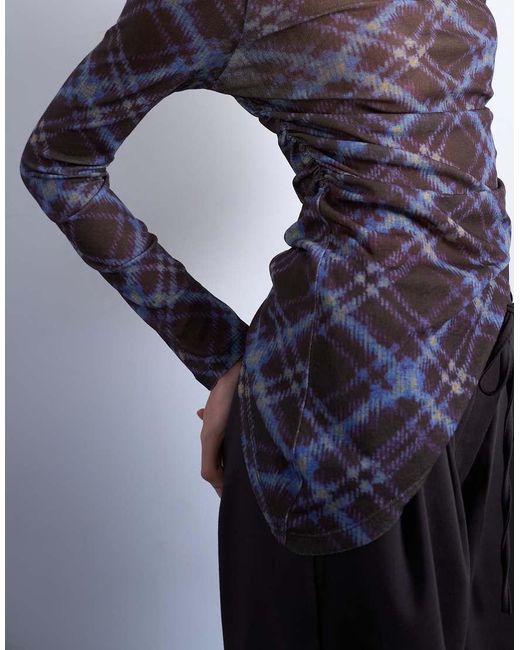 TOPSHOP Geruite Asymmetrische Top Met Lange Mouwen in het Multicolor