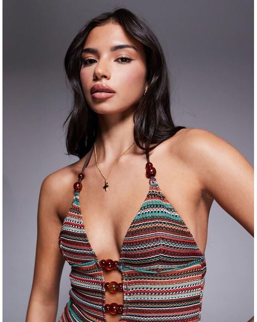 ASOS Gray River Crochet Plunge Swimsuit With Bead Detail