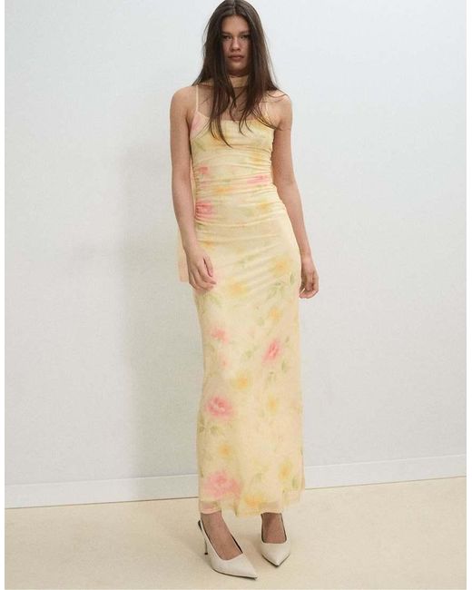 Stradivarius Metallic Printed Tulle Midi Dress With Scarf