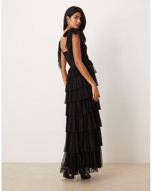 LACE & BEADS Brown Lace Bow Shoulder Tiered Maxi Dress