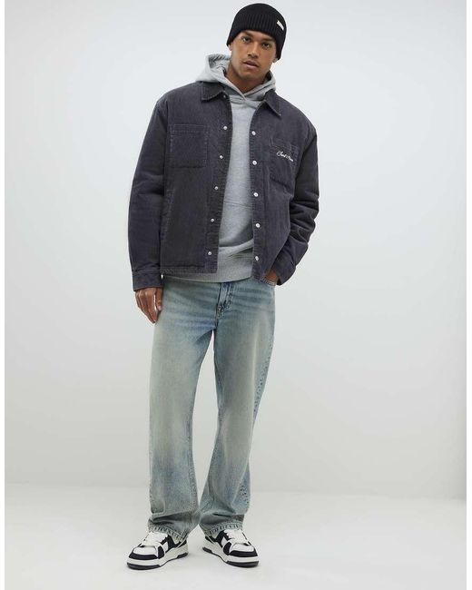 River Island Blue Washed Cord Padded Shacket for men