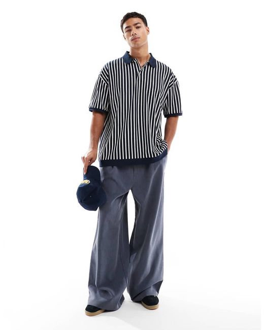 Polo Oversize A Righe Bianche E Nere di ASOS in Blue da Uomo