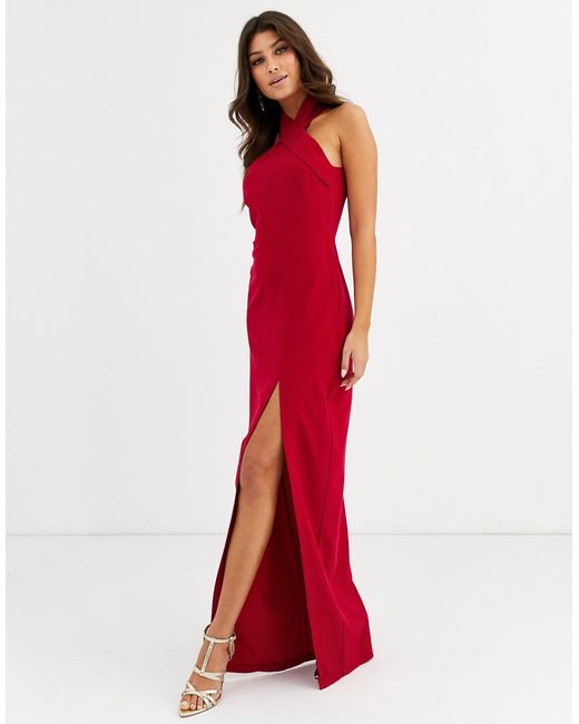 Vesper Red High Neck Maxi Dress With Thigh Split