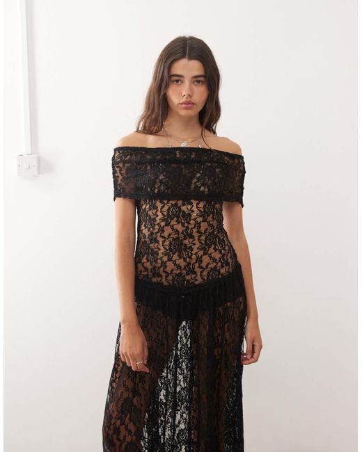 Lioness White Field Of Dreams Foldover Bardot Ruched Drop Waist Sheer Lace Maxi Dress