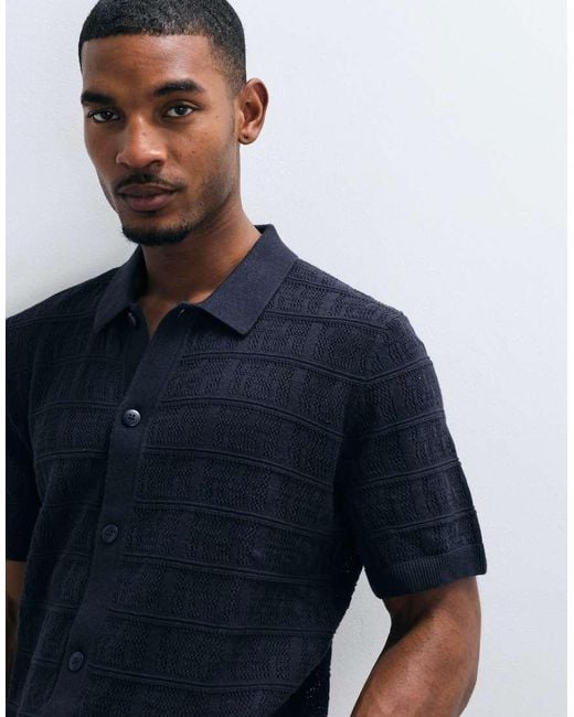 Jack & Jones Blue Premium Square Pattern Knit Button Down Shirt for men
