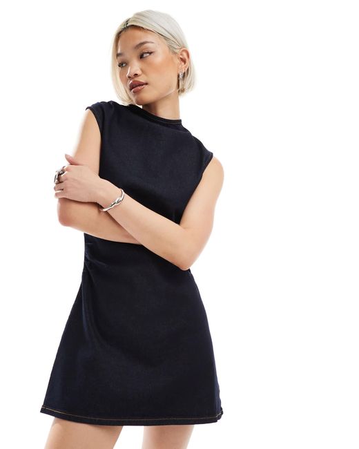 ASOS Blue Cinch Waist Rouched Denim Mini Dress